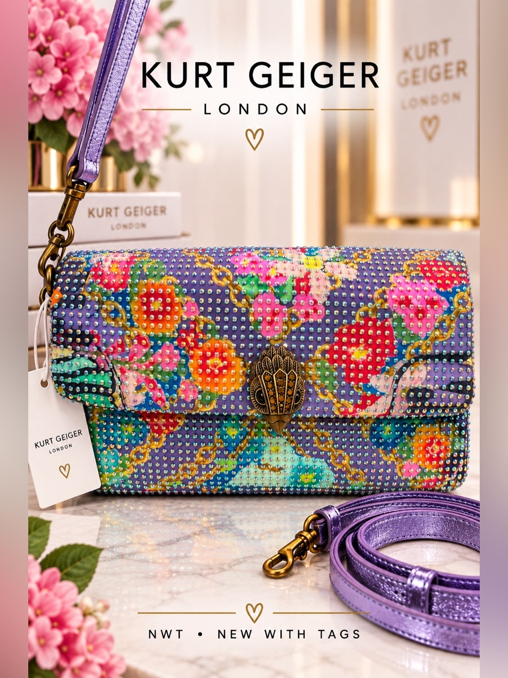 Kurt Geiger NWT Floral Crystal-Embellished Two-way (shoulder and crossbody)